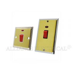 Slimline Satin Brass Face/Polished Chrome Edge 45A Cooker Switch - 45 Amp DP Switch w/ Neon