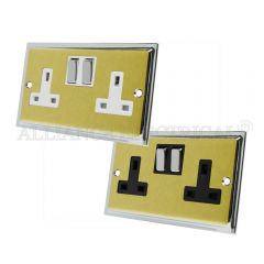 Slimline Satin Brass Face/Polished Chrome Edge 13 Amp Double Wall Socket 2 Gang